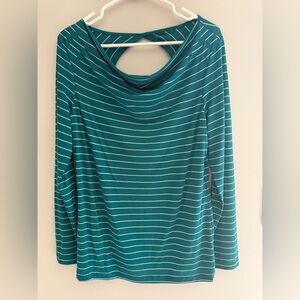 Eddie Bauer Womens Turquoise Striped Long Sleeve Shirt SZ MD Cowl Neck Keyhole